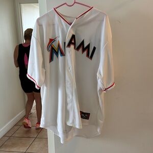 Majestic White Baseball Jersey with Black and Red Accents